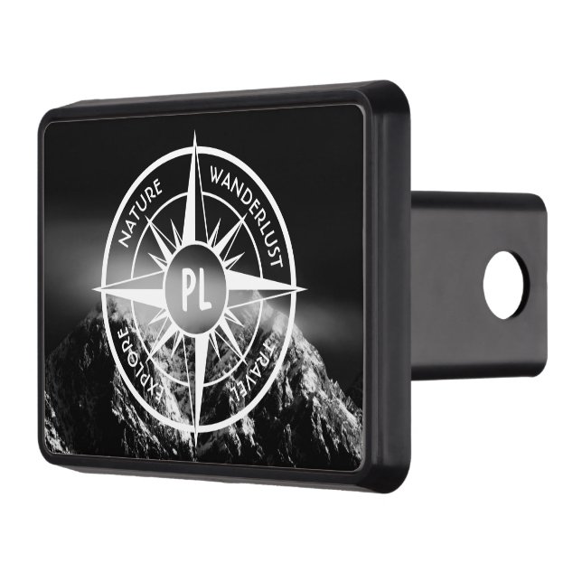 Compass star emblem monogram dramatic mountains trailer hitch cover (Left)