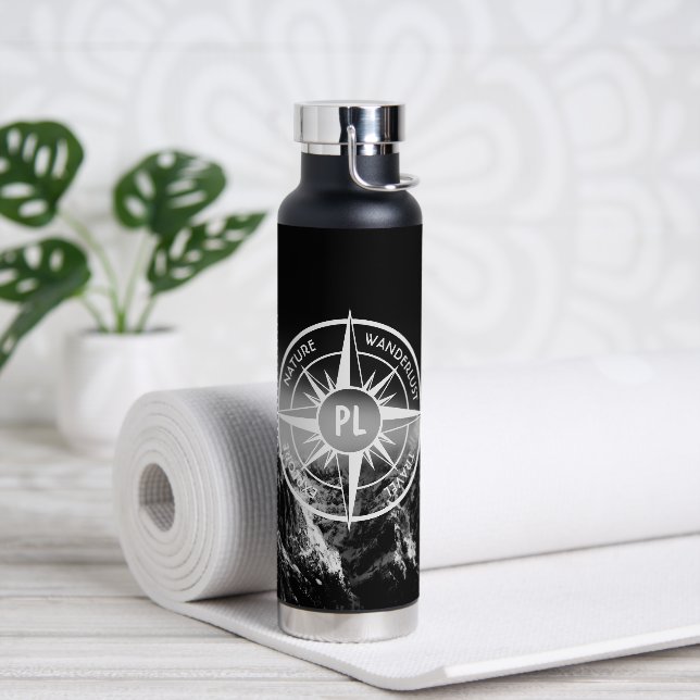 Compass star emblem monogram dramatic mountains water bottle (Yoga)