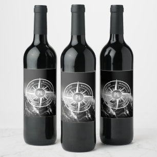 Compass star emblem monogram dramatic mountains wine label