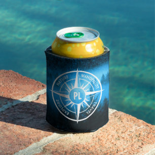 Compass star emblem monogram fog in spruce forest can cooler