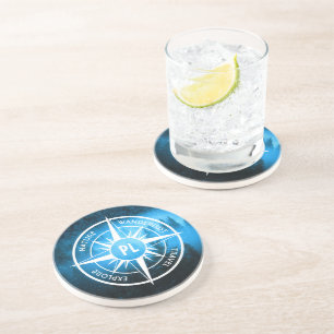 Compass star emblem monogram fog in spruce forest coaster