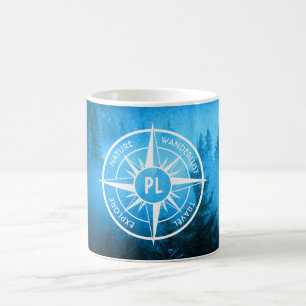 Compass star emblem monogram fog in spruce forest coffee mug