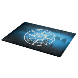 Compass star emblem monogram fog in spruce forest cutting board