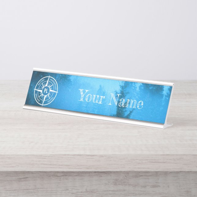 Compass star emblem monogram fog in spruce forest desk name plate (Front)