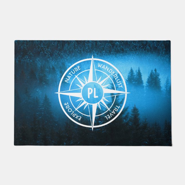 Compass star emblem monogram fog in spruce forest doormat (Front)