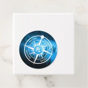 Compass star emblem monogram fog in spruce forest favour tags