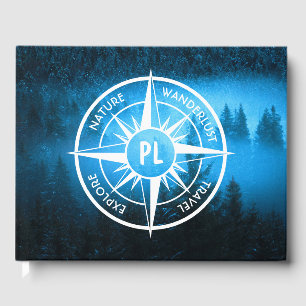 Compass star emblem monogram fog in spruce forest guest book