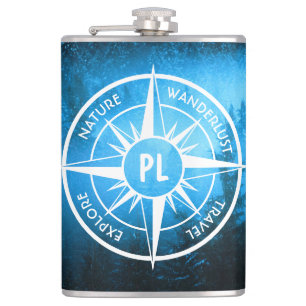 Compass star emblem monogram fog in spruce forest hip flask