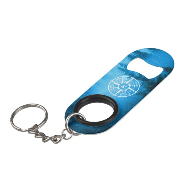 Compass star emblem monogram fog in spruce forest keychain bottle opener (Front Angled)