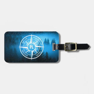 Compass star emblem monogram fog in spruce forest luggage tag