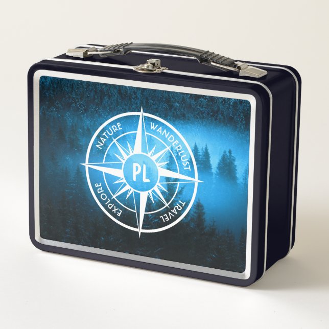 Compass star emblem monogram fog in spruce forest metal lunch box (Front)