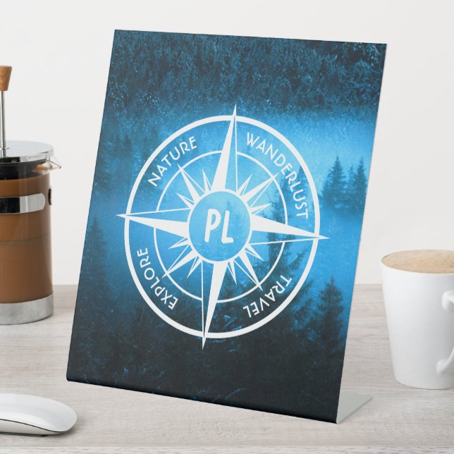 Compass star emblem monogram fog in spruce forest pedestal sign (In SItu)