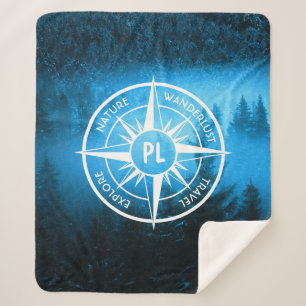 Compass star emblem monogram fog in spruce forest sherpa blanket