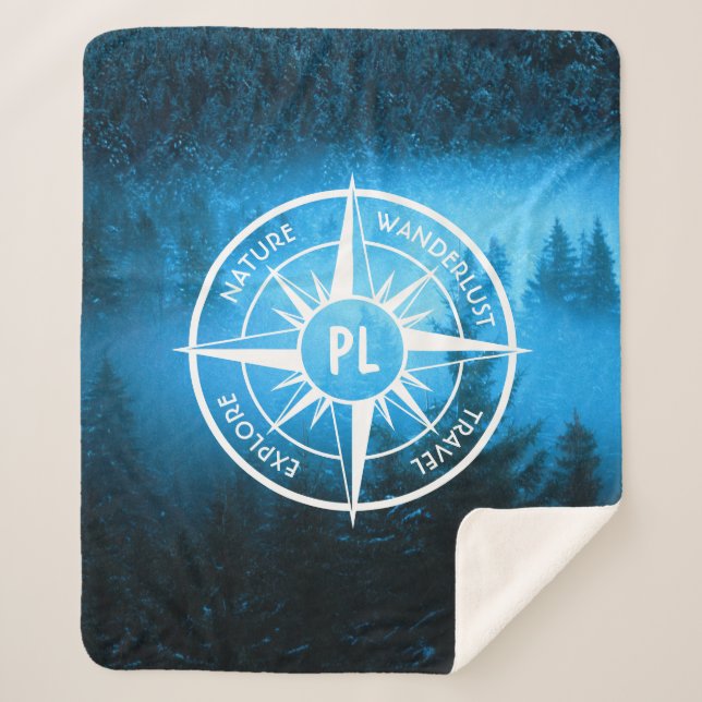 Compass star emblem monogram fog in spruce forest sherpa blanket (Front)