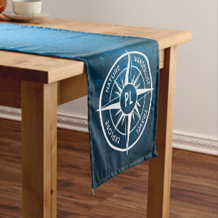 Compass star emblem monogram fog in spruce forest short table runner