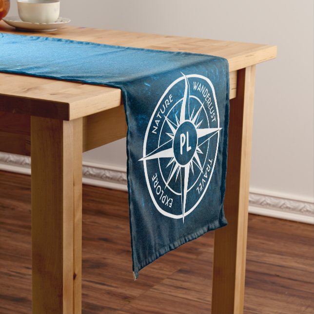Compass star emblem monogram fog in spruce forest short table runner (In Situ)