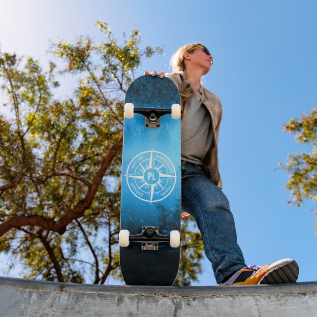 Compass star emblem monogram fog in spruce forest skateboard (Outdoor 1)