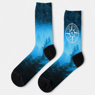 Compass star emblem monogram fog in spruce forest socks