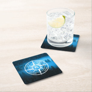 Compass star emblem monogram fog in spruce forest square paper coaster