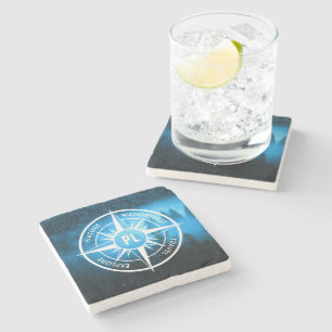 Compass star emblem monogram fog in spruce forest stone coaster