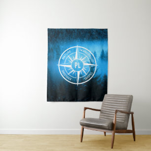 Compass star emblem monogram fog in spruce forest tapestry