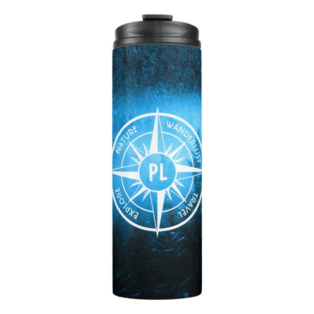 Compass star emblem monogram fog in spruce forest thermal tumbler (Front)