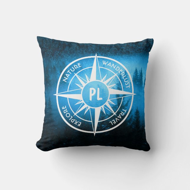 Compass star emblem monogram fog in spruce forest throw pillow (Front)