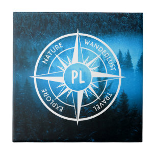 Compass star emblem monogram fog in spruce forest tile