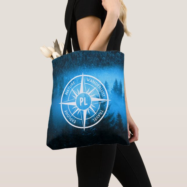 Compass star emblem monogram fog in spruce forest tote bag (Close Up)