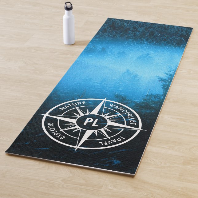 Compass star emblem monogram fog in spruce forest yoga mat (In Situ)