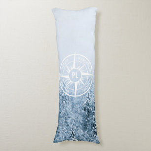 Compass star emblem monogram winter spruce forest body pillow
