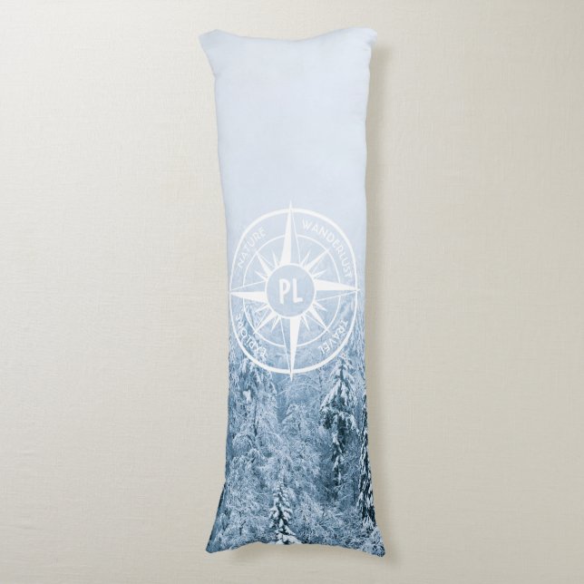 Compass star emblem monogram winter spruce forest body pillow (Front Vertical)