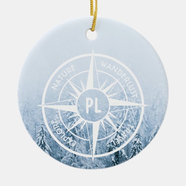 Compass star emblem monogram winter spruce forest ceramic ornament (Front)
