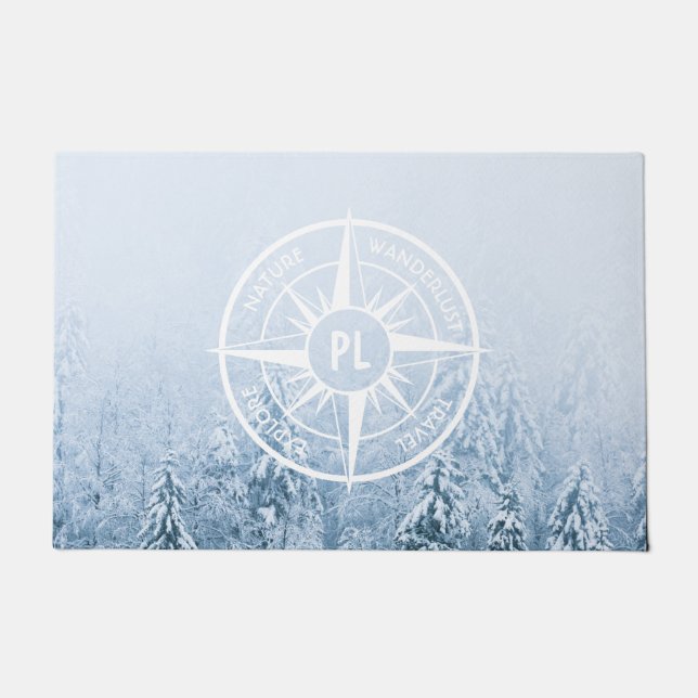 Compass star emblem monogram winter spruce forest doormat (Front)