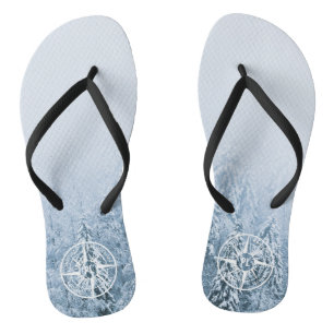 Compass star emblem monogram winter spruce forest flip flops