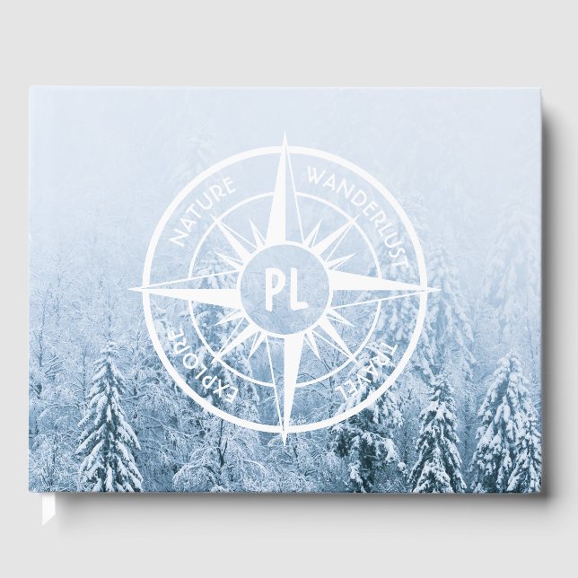 Compass star emblem monogram winter spruce forest guest book (Front)
