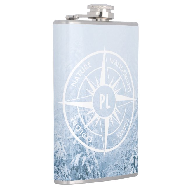 Compass star emblem monogram winter spruce forest hip flask (Right)