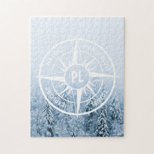 Compass star emblem monogram winter spruce forest jigsaw puzzle