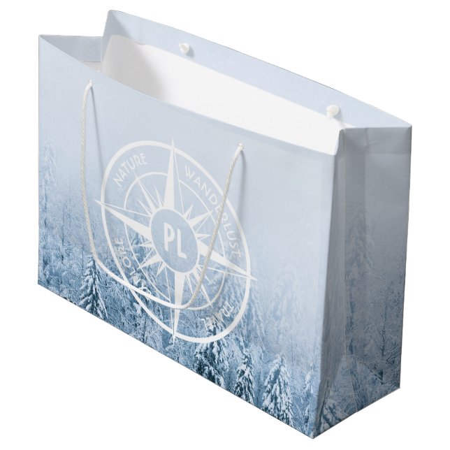 Compass star emblem monogram winter spruce forest large gift bag (Front Angled)