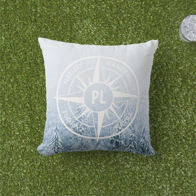 Compass star emblem monogram winter spruce forest outdoor pillow (Grass)