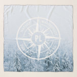 Compass star emblem monogram winter spruce forest scarf<br><div class="desc">Compass star with a photo of a fog in a frosty winter spruce forest with emblems wanderlust,  nature,  travel and explore that are customizable so you can write your own texts. In the centre of the star is a personalized monogram. Perfect for nature lovers hikers and travellers.</div>