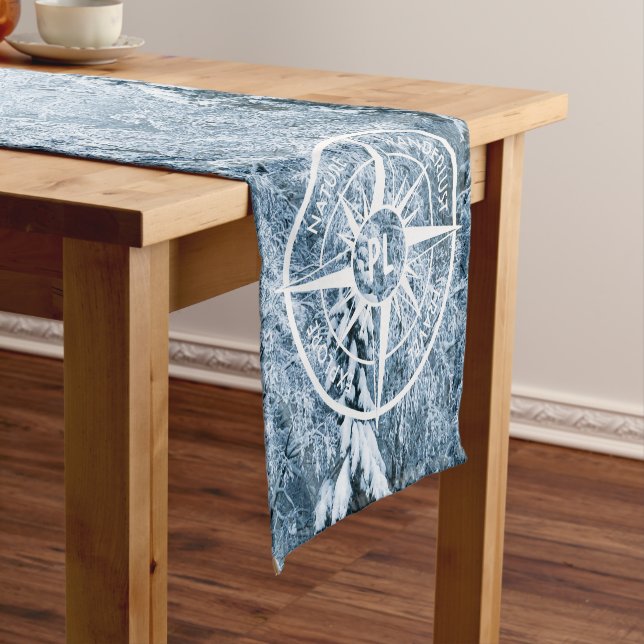 Compass star emblem monogram winter spruce forest short table runner (In Situ)