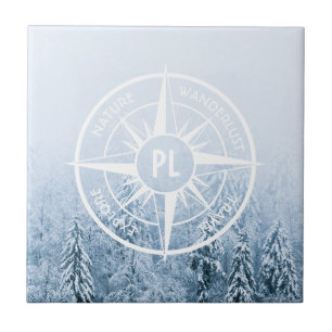 Compass star emblem monogram winter spruce forest tile