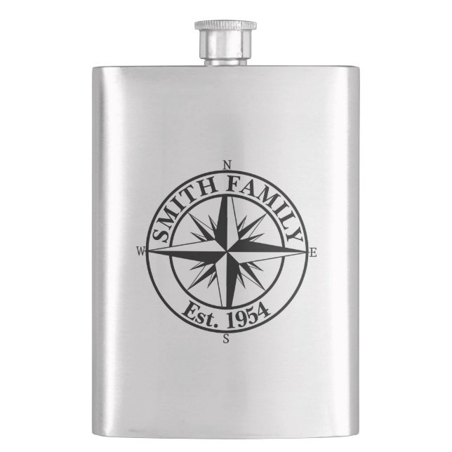 Compass star monogram personalizable emblem hip flask (Front)