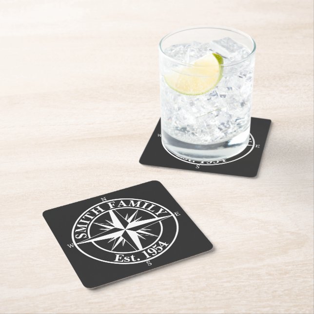 Compass star monogram personalizable emblem square paper coaster (Insitu)