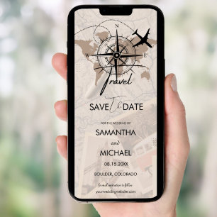 Compass Travel Destination Brown Map Save the Dat Invitation