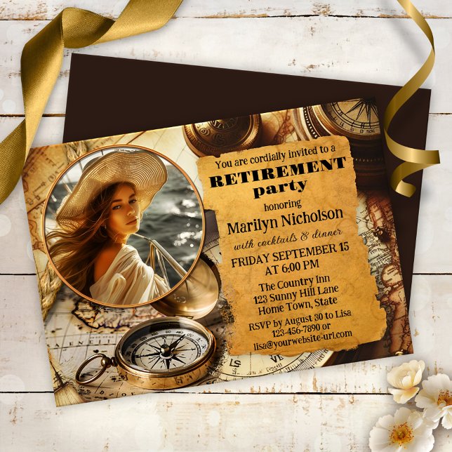 Compass Travel Vintage Photo Retirement Party Invitation (Vintage travel retirement party invitation featuring your photo on a map with compass and old paper)
