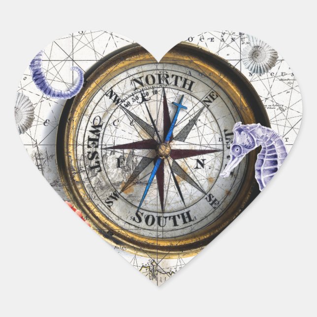 Compass Vintage Nautical Heart Sticker (Front)