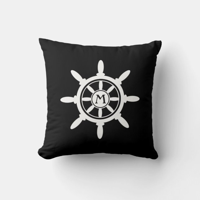 Compass & Wheel Nautical Monogram black white Throw Pillow (Front)