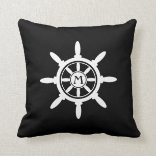 Compass & Wheel Nautical Monogram black white Throw Pillow